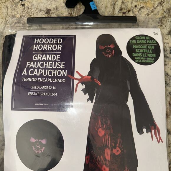 Hooded Horror Grim Reaper Halloween Costume Child L 12-14 Glow in the Dark Mask - Picture 2 of 4